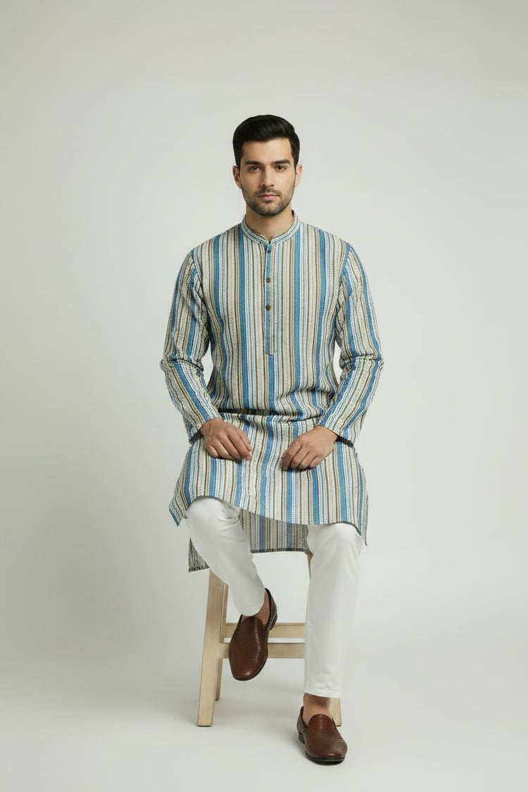 Veshbhoshaa Men's Blue Stripes Sequence Kurta Pajama Set