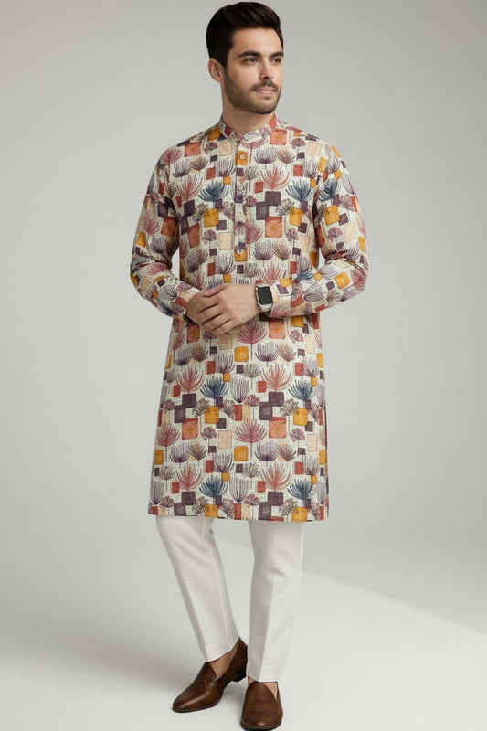 Veshbhoshaa Men's White Multicolour Printed Sequence Kurta Pajama Set