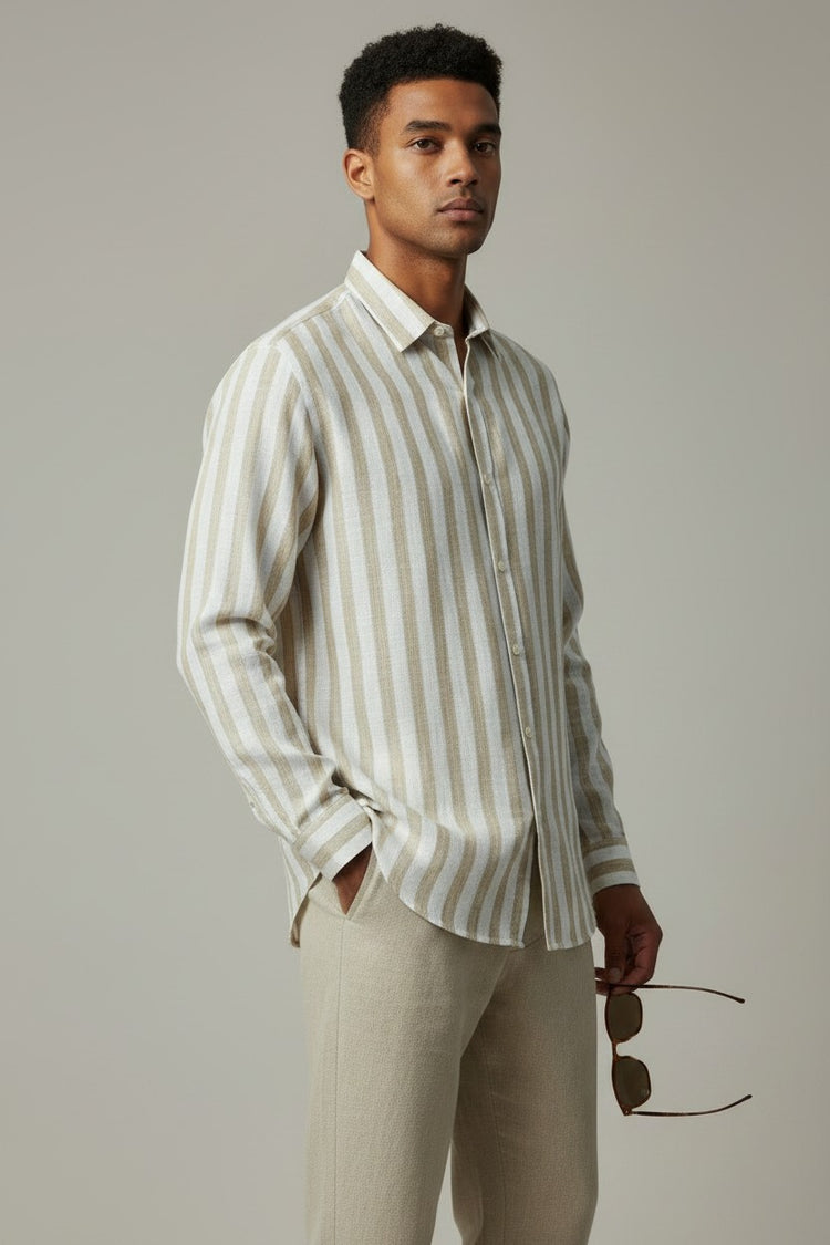 Bluebird Men's White & Beige Stripes Cotton Blend Shirt