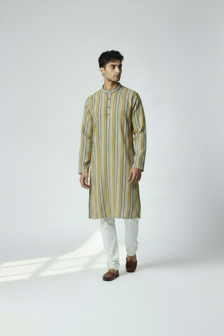 Veshbhoshaa Men's Yellow Stripes Sequence Kurta Pajama Set