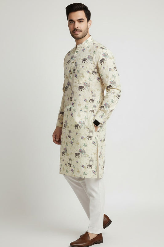 Veshbhoshaa Men's Yellow Elephant Motif Sequence Kurta Pajama Set
