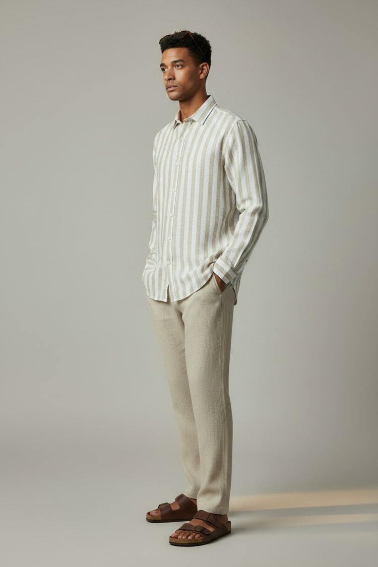 Bluebird Men's White & Beige Stripes Cotton Blend Shirt
