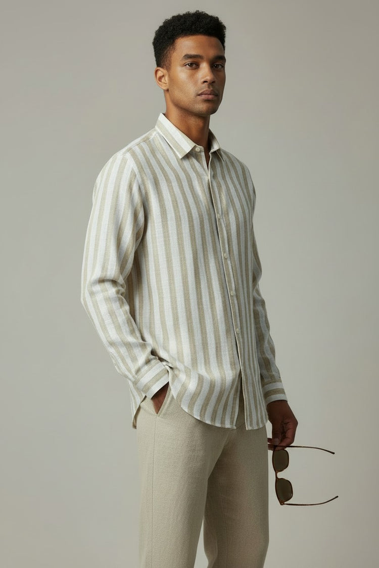 Bluebird Men's White & Beige Stripes Cotton Blend Shirt