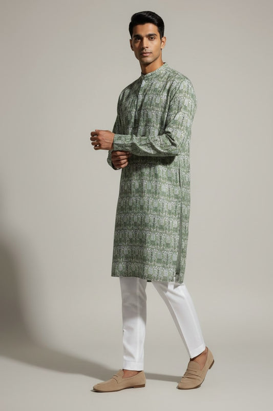 Veshbhoshaa Men's Green Printed Sequence Kurta Pajama Set