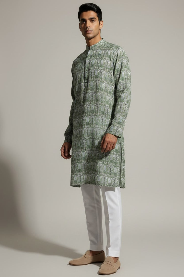 Veshbhoshaa Men's Green Printed Sequence Kurta Pajama Set