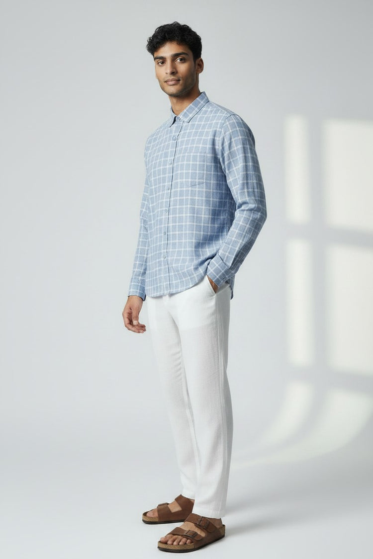Bluebird Men's Light Blue Checks Cotton Blend Shirt