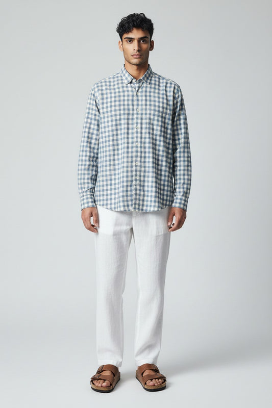 Bluebird Men's Blue Checks Cotton Blend Shirt