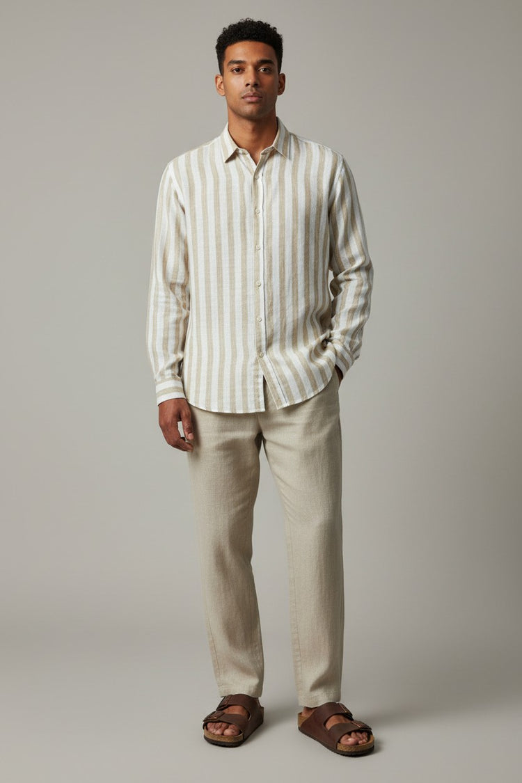 Bluebird Men's White & Beige Stripes Cotton Blend Shirt