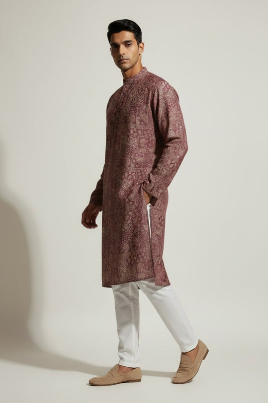 Veshbhoshaa Men's Red Geometric Sequence Kurta Pajama Set