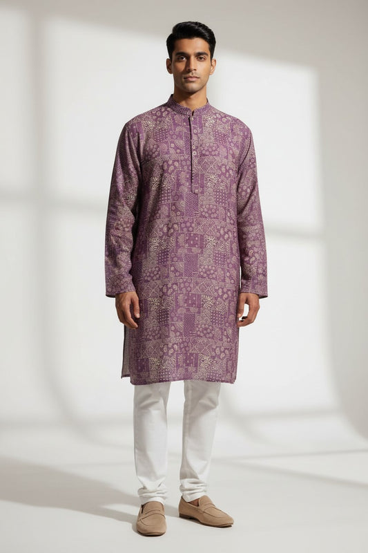 Veshbhoshaa Men's Pink Printed Sequence Kurta Pajama Set