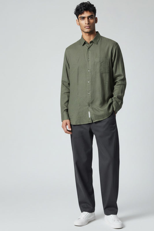 Bluebird Mens Olive Green Linen Tencil Shirt