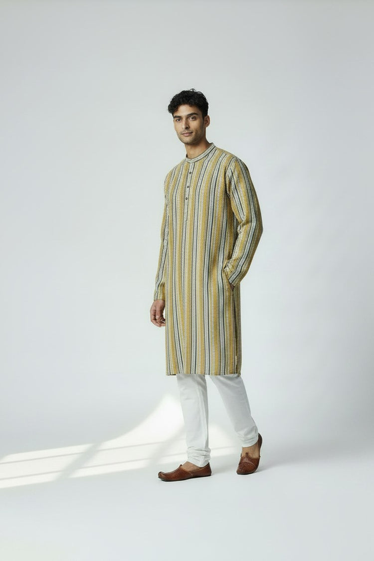 Veshbhoshaa Men's Yellow Stripes Sequence Kurta Pajama Set