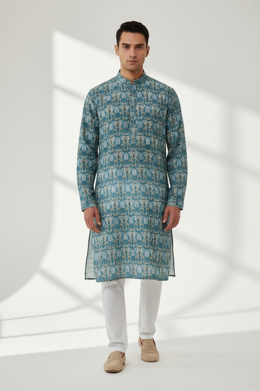 Veshbhoshaa Men's Blue Printed Sequence Kurta Pajama Set