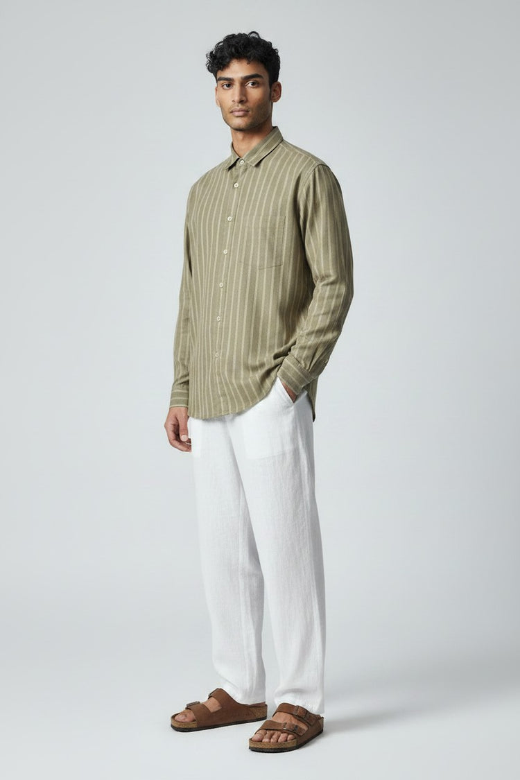 Bluebird Men's Olive Green Stripes Cotton Blend Shirt
