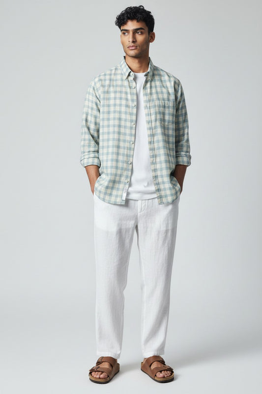 Bluebird Men's Sky Blue Checks Cotton Blend Shirt