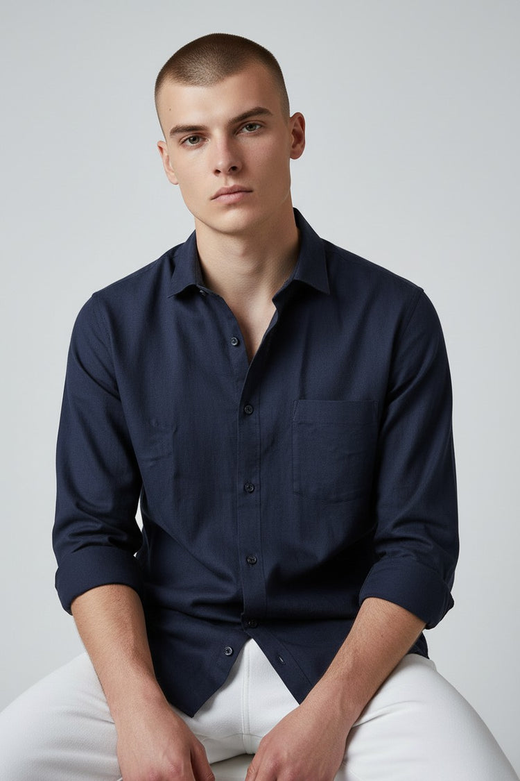 Bluebird Men's Dark Blue Linen Tencil Shirt