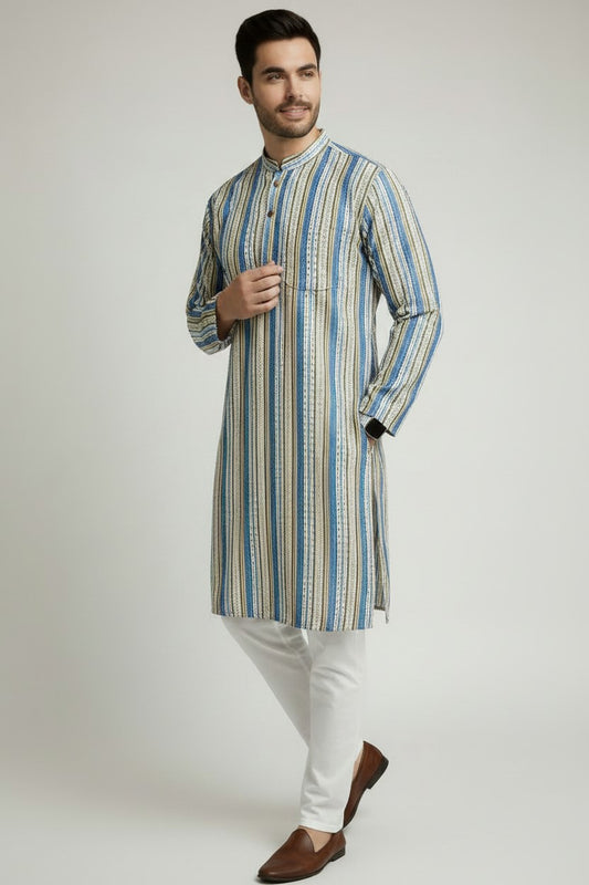 Veshbhoshaa Men's Blue Stripes Sequence Kurta Pajama Set