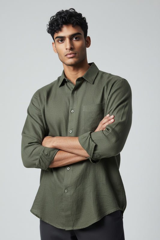 Bluebird Mens Olive Green Linen Tencil Shirt