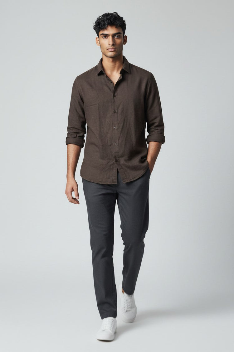 Bluebird Men's Chocolate Brown Linen Tencil Shirt