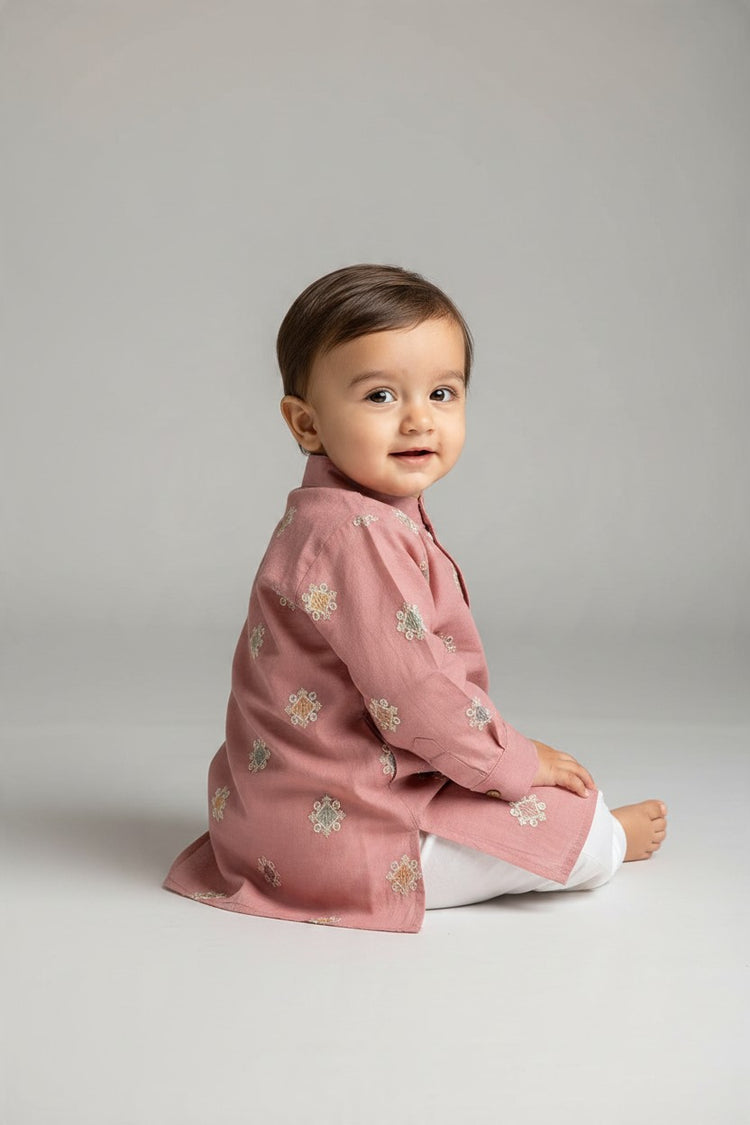Kids' Dusty Pink Zari Thread work Buta Cotton Blend Kurta Pajama Set