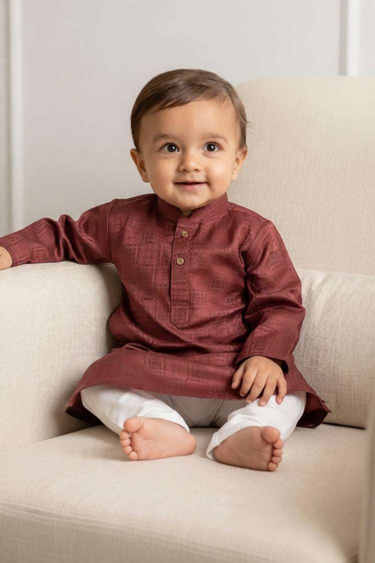 Kids' Maroon Jacquard Cotton Blend Kurta Pajama Set