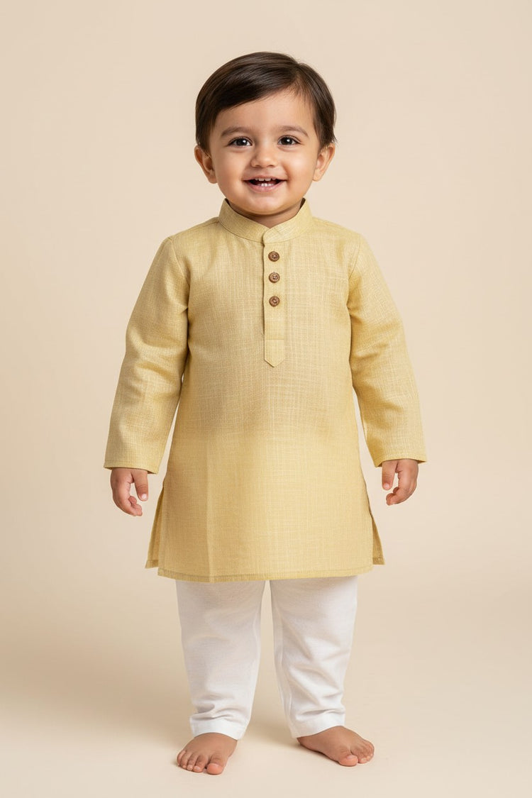 Kids' Beige Cotton Blend Kurta Pajama Set