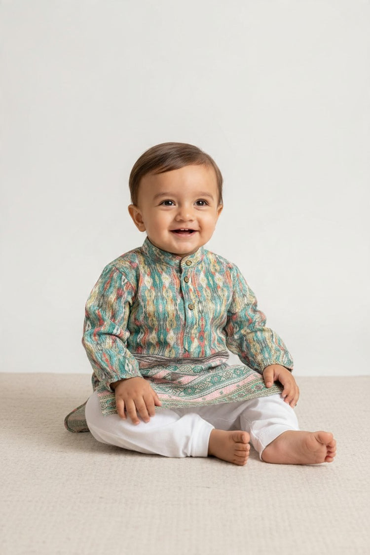 Kids' Blue Printed Kurta Pajama Set with Sequin Work