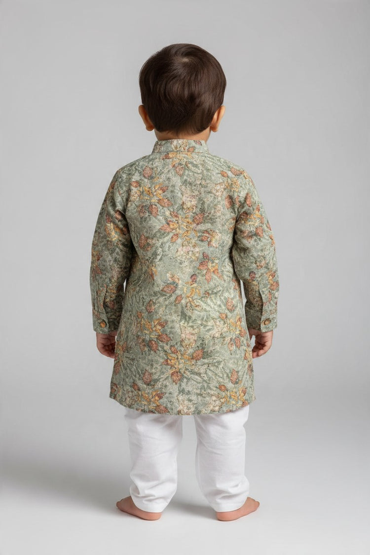 Kids' Sage Green Printed Kurta Pajama Set with Sequin Work