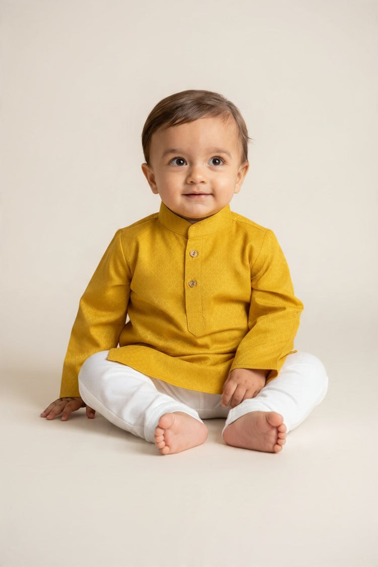 Kids' Mustard Yellow Jacquard Cotton Blend Kurta Pajama Set