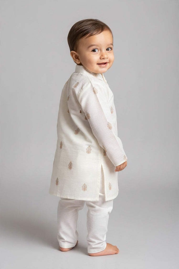 Kids' White Zari Thread work Buta Cotton Blend Kurta Pajama Set