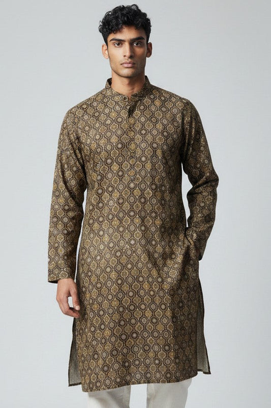 Men's Dark Brown Printed Kurta Pajama Set