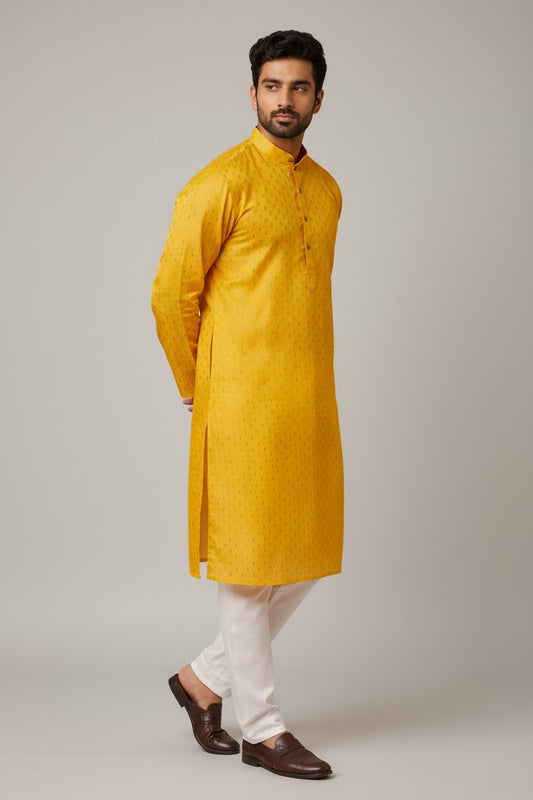 Yellow Cotton Buti Kurta for Men