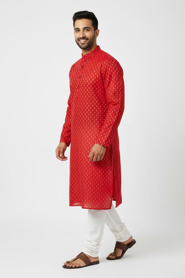 Red Cotton Buti Kurta for Men
