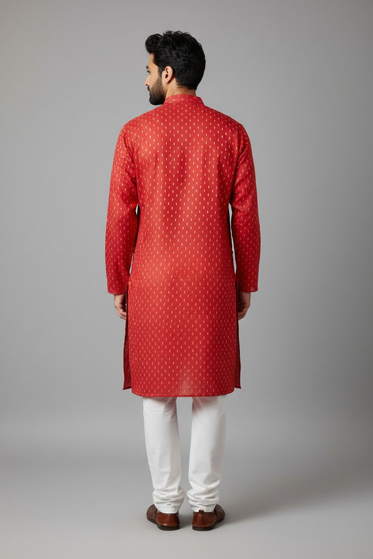 Red Cotton Buti Kurta for Men