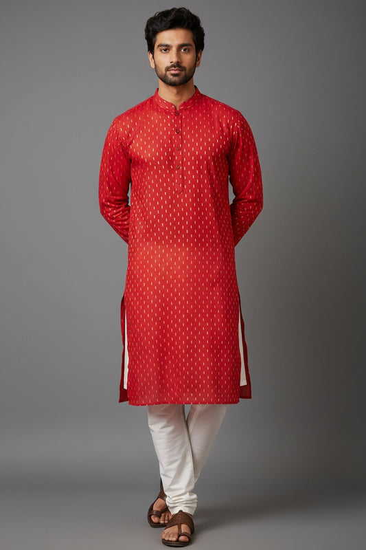 Red Cotton Buti Kurta for Men