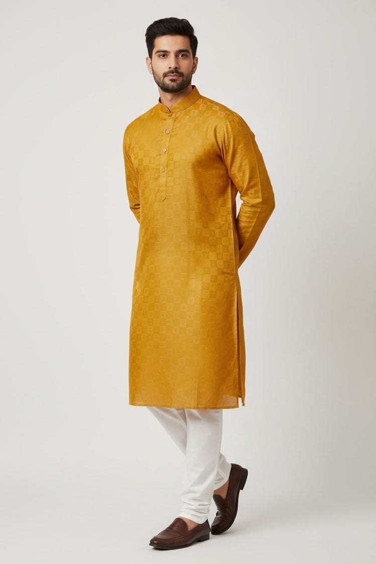 Mustard Yellow Cotton Buti Kurta for Men