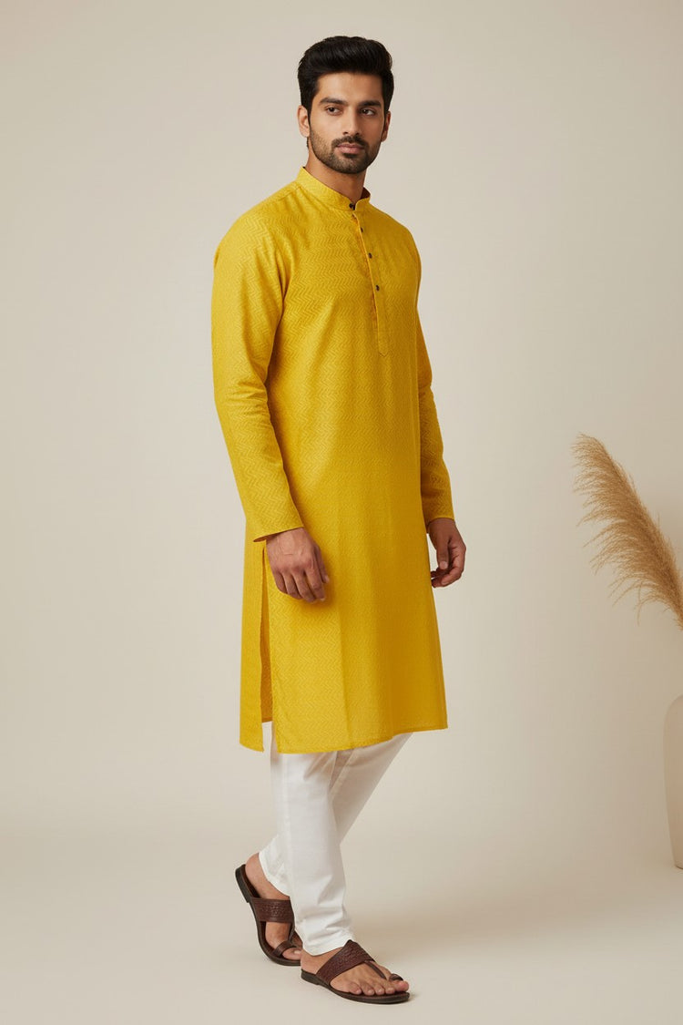 Yellow Cotton Chevron Pattern Kurta for Men