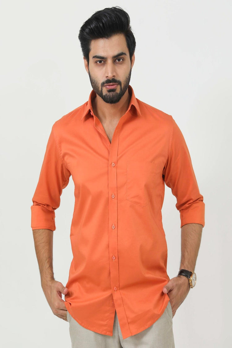 Bluebird Men's Orange Cotton Lycra Formal Shirt - Veshbhoshaa