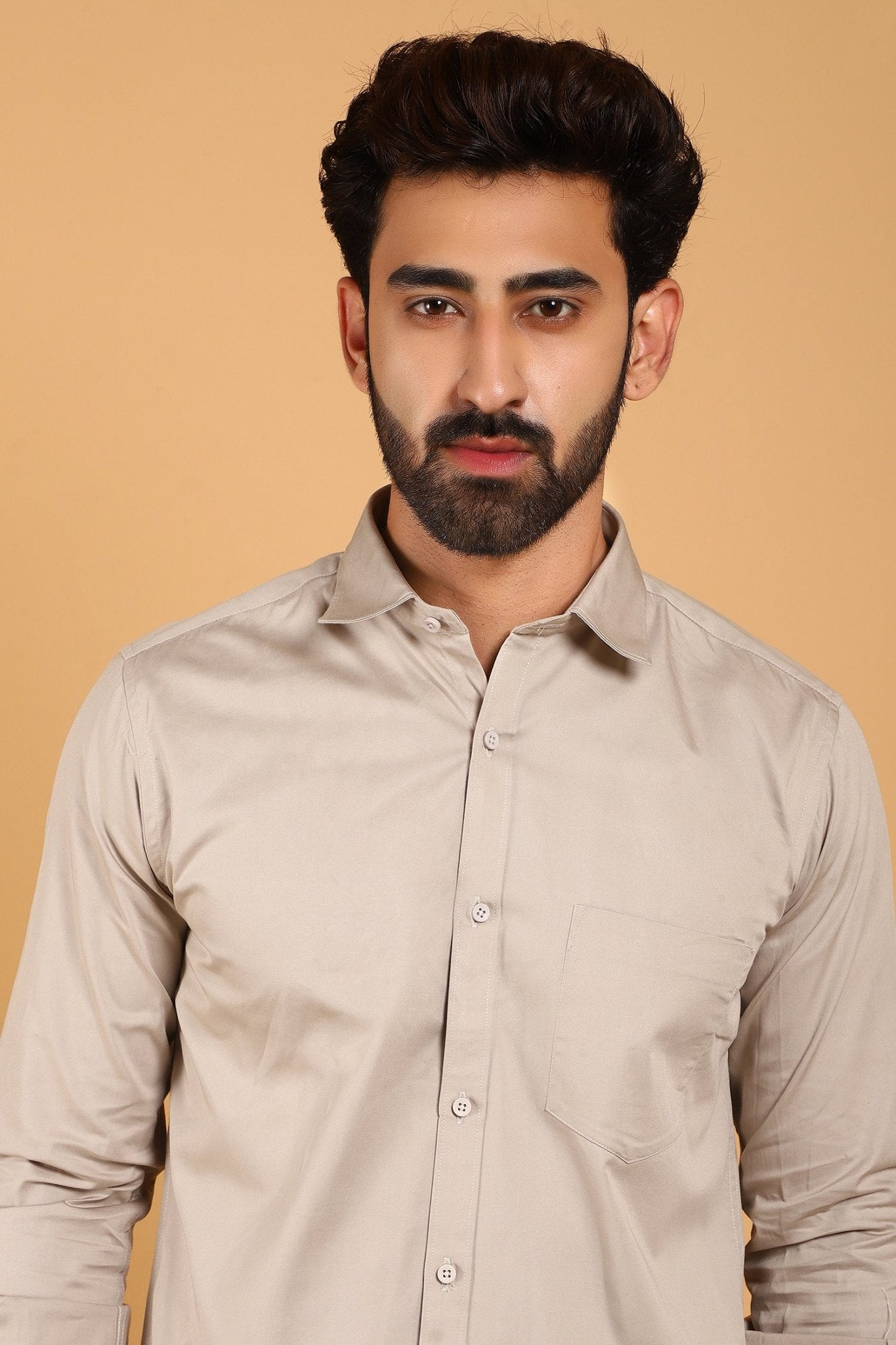 sand color dress shirt Men's Slim Fit Solid Color Dress Shirt (Beige) Beige / Large/16-16.5 Neck/32-33 Sleeve