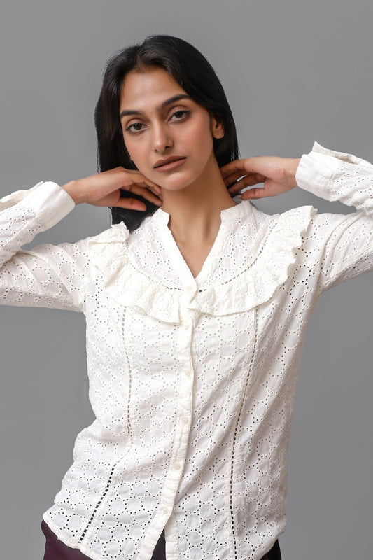 Bluebird Women Self Design Cotton Schiffli Gathered Top - Veshbhoshaa