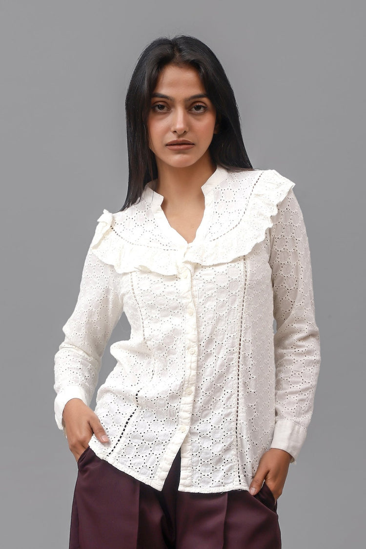 Bluebird Women Self Design Cotton Schiffli Gathered Top - Veshbhoshaa