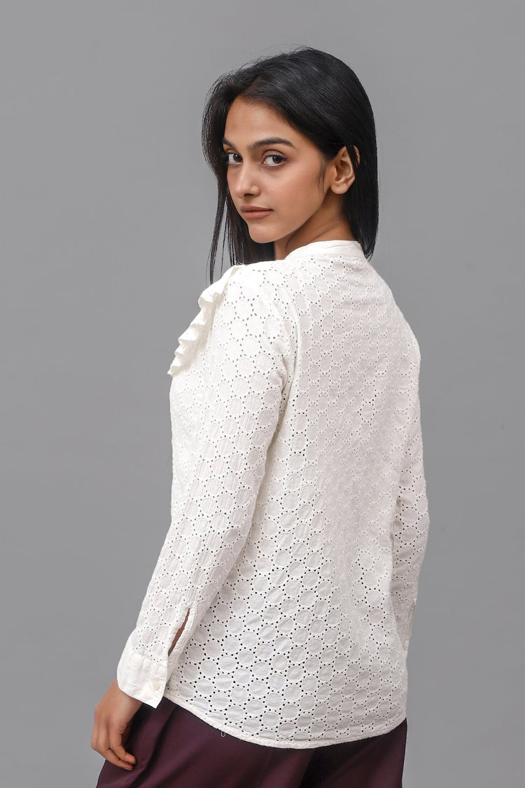 Bluebird Women Self Design Cotton Schiffli Gathered Top - Veshbhoshaa