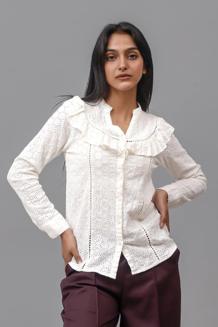 Bluebird Women Self Design Cotton Schiffli Gathered Top - Veshbhoshaa