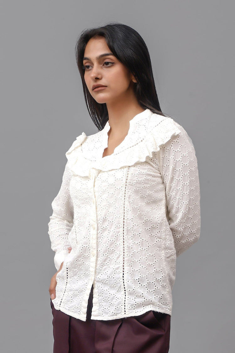 Bluebird Women Self Design Cotton Schiffli Gathered Top - Veshbhoshaa