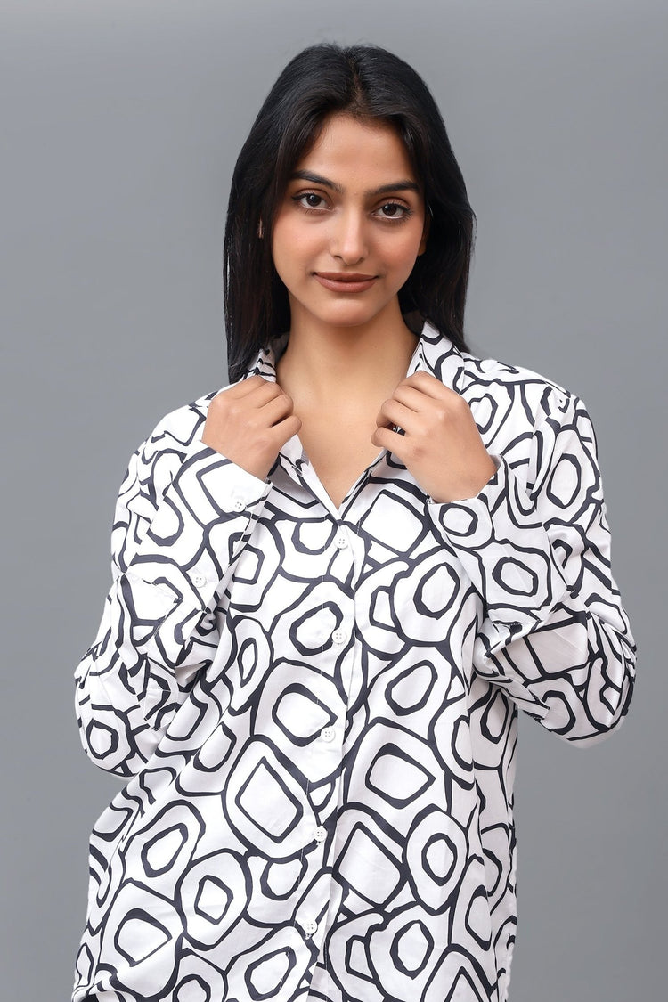 Bluebird Women's Black And White Printed Satin Shirt - Veshbhoshaa