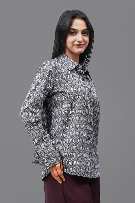 Bluebird Women's Black Geometric Printed Satin Shirt - Veshbhoshaa