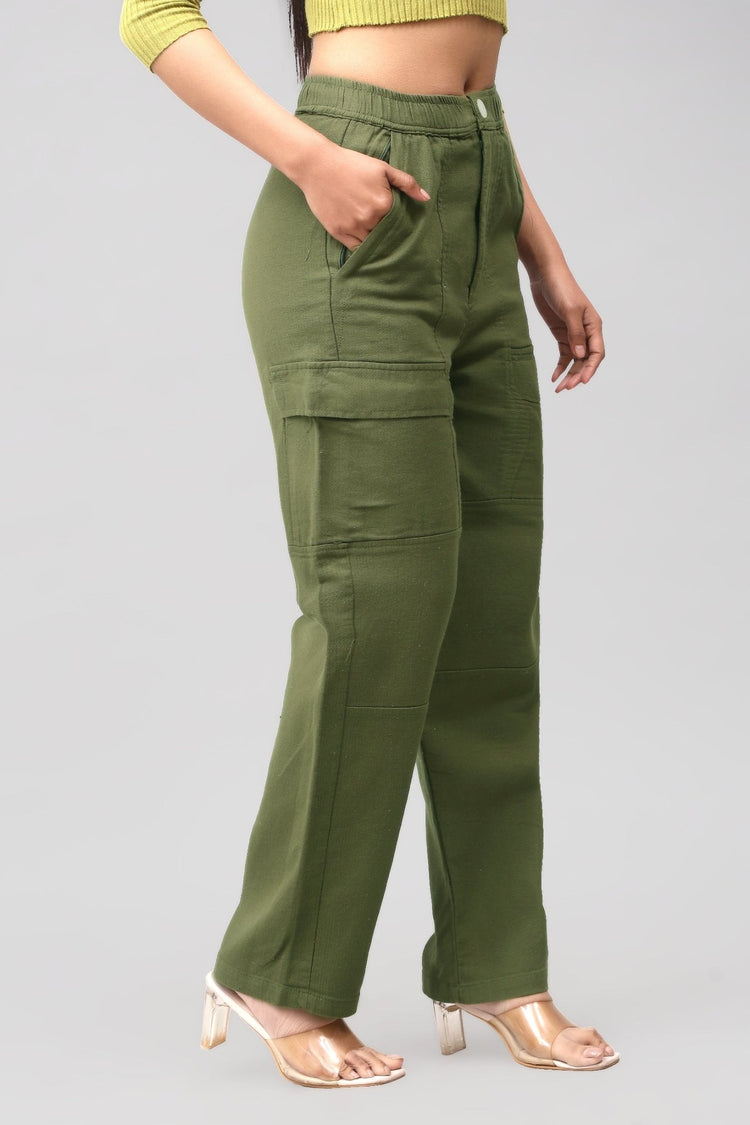 Bluebird Women's Cotton Cargo Pants – Modern Edge in Olive Green - Veshbhoshaa