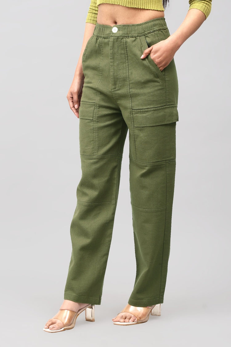 Bluebird Women's Cotton Cargo Pants – Modern Edge in Olive Green - Veshbhoshaa
