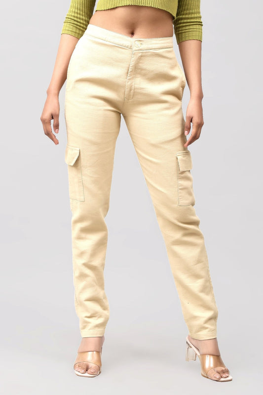 Bluebird Women's Slim Fit Cotton Cargo Pants Beige - Veshbhoshaa