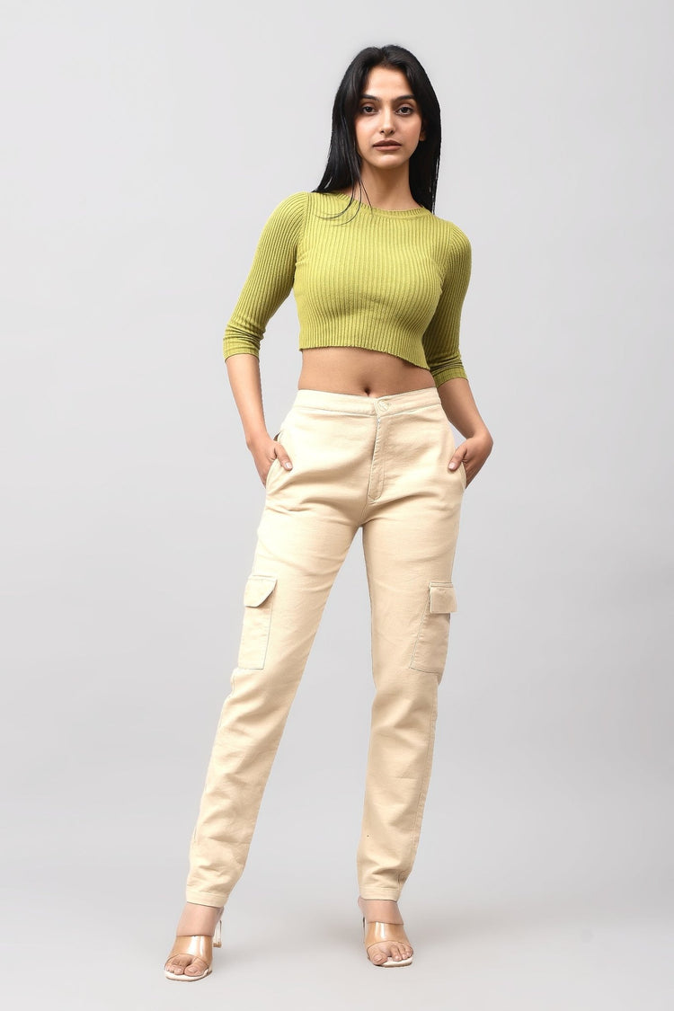 Bluebird Women's Slim Fit Cotton Cargo Pants Beige - Veshbhoshaa